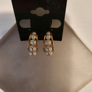 Napier Gold Tone and Faux Pearl Hoop Screwback Earrings